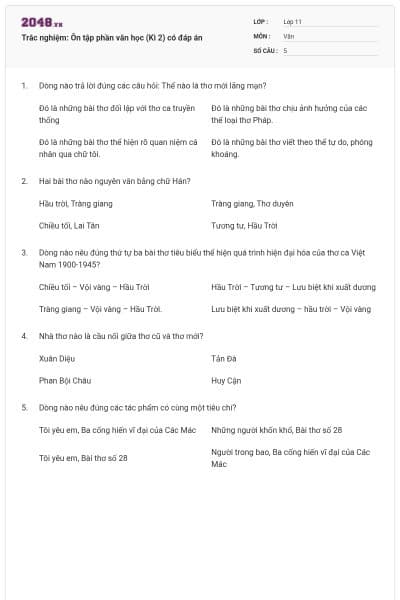 Trắc nghiệm: Ôn tập phần văn học (Kì 2) có đáp án