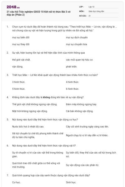 21 câu hỏi Trắc nghiệm GDCD 10 Kết nối trị thức Bài 3 có đáp án (Phần 2)