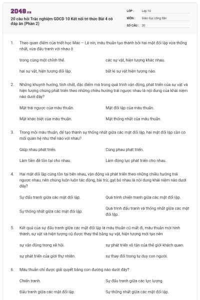 20 câu hỏi Trắc nghiệm GDCD 10 Kết nối tri thức Bài 4 có đáp án (Phần 2)