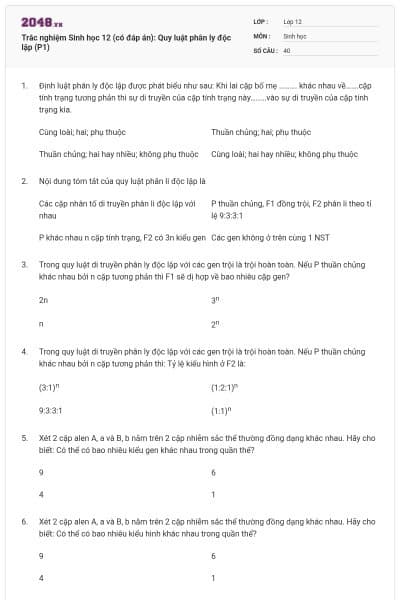 Trắc nghiệm Sinh học 12 (có đáp án): Quy luật phân ly độc lập (P1)