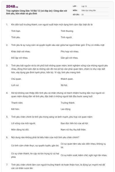 Trắc nghiệm Công Dân 10 Bài 12 (có đáp án): Công dân với tình yêu, hôn nhân và gia đình