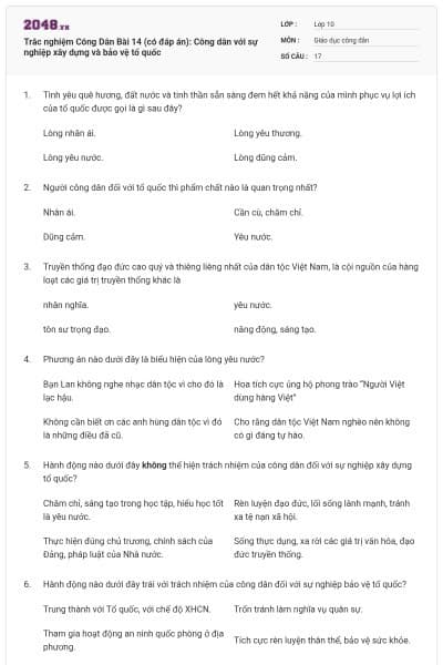 Trắc nghiệm Công Dân Bài 14 (có đáp án): Công dân với sự nghiệp xây dựng và bảo vệ tổ quốc
