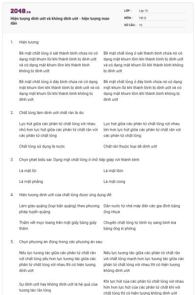 Hiện tượng dính ướt và không dính ướt - hiện tượng mao dẫn