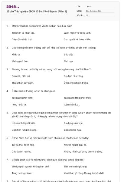 22 câu Trắc nghiệm GDCD 10 Bài 15 có đáp án (Phần 2)