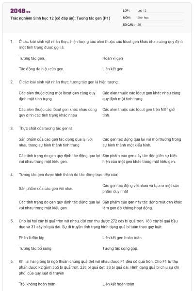 Trắc nghiệm Sinh học 12 (có đáp án): Tương tác gen (P1)