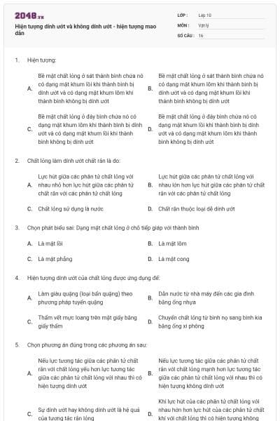 Hiện tượng dính ướt và không dính ướt - hiện tượng mao dẫn