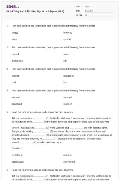 Đề thi Tiếng Anh 9 Thí điểm Học kì 1 có đáp án (Đề 4)