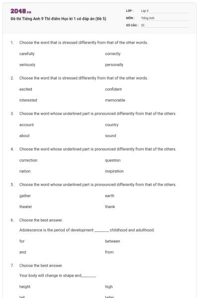 Đề thi Tiếng Anh 9 Thí điểm Học kì 1 có đáp án (Đề 5)