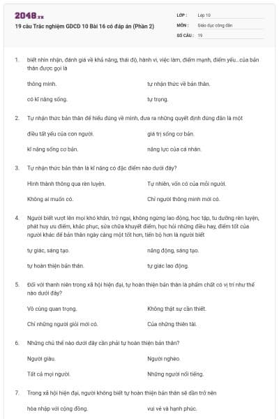 19 câu Trắc nghiệm GDCD 10 Bài 16 có đáp án (Phần 2)