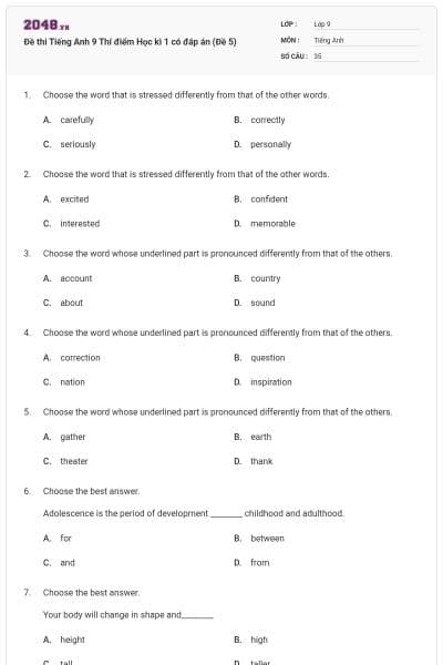 Đề thi Tiếng Anh 9 Thí điểm Học kì 1 có đáp án (Đề 5)