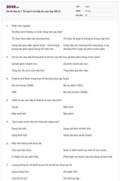 Đề thi Học kì 1 Tin học 6 có đáp án, cực hay (Đề 2)