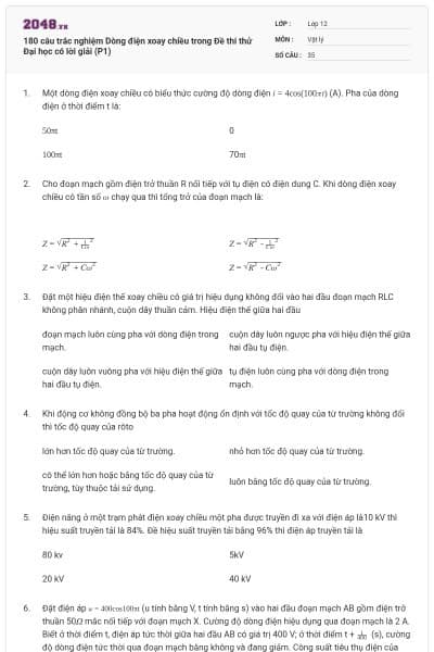 180 câu trắc nghiệm Dòng điện xoay chiều trong Đề thi thử Đại học có lời giải (P1)