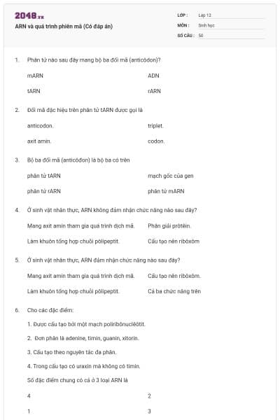 ARN và quá trình phiên mã (Có đáp án)