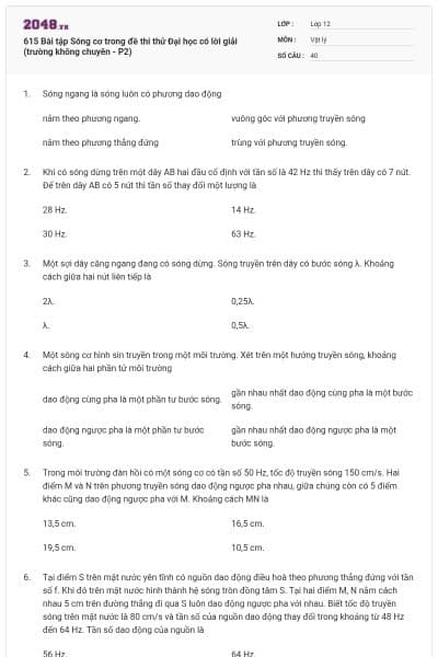 615 Bài tập Sóng cơ trong đề thi thử Đại học có lời giải (trường không chuyên - P2)