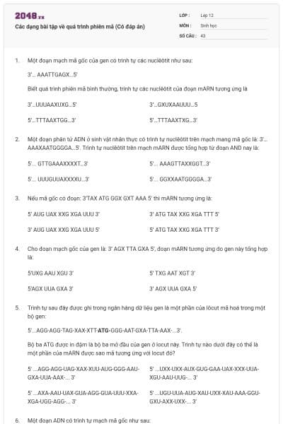 Các dạng bài tập về quá trình phiên mã (Có đáp án)