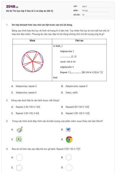 Đề thi Tin học lớp 5 Học kì 2 có đáp án (Đề 5)