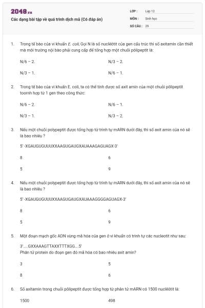Các dạng bài tập về quá trình dịch mã (Có đáp án)