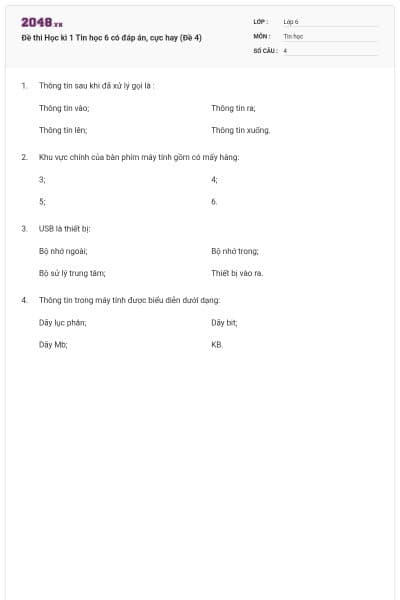 Đề thi Học kì 1 Tin học 6 có đáp án, cực hay (Đề 4)