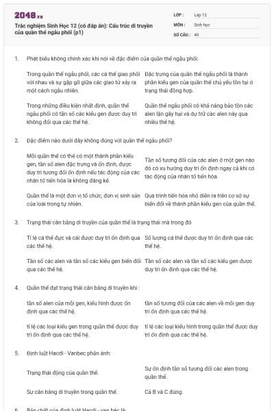 Trắc nghiệm Sinh Học 12 (có đáp án): Cấu trúc di truyền của quần thể ngẫu phối (p1)