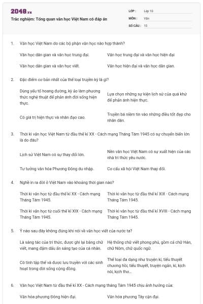 Trắc nghiệm: Tổng quan văn học Việt Nam có đáp án