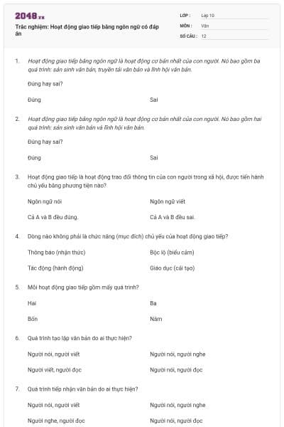 Trắc nghiệm: Hoạt động giao tiếp bằng ngôn ngữ có đáp án