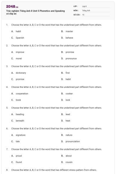 Trắc nghiệm Tiếng Anh 8 Unit 5 Phonetics and Speaking có đáp án