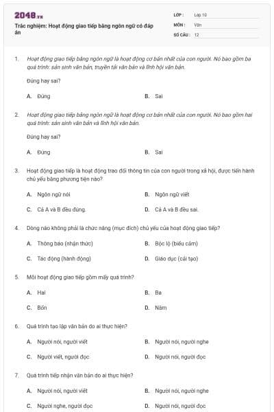 Trắc nghiệm: Hoạt động giao tiếp bằng ngôn ngữ có đáp án
