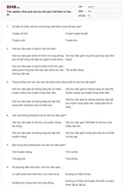 Trắc nghiệm: Khái quát văn học dân gian Việt Nam có đáp án