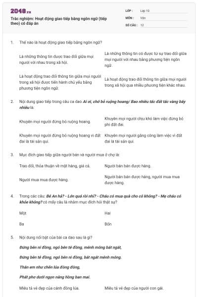 Trắc nghiệm: Hoạt động giao tiếp bằng ngôn ngữ (tiếp theo) có đáp án