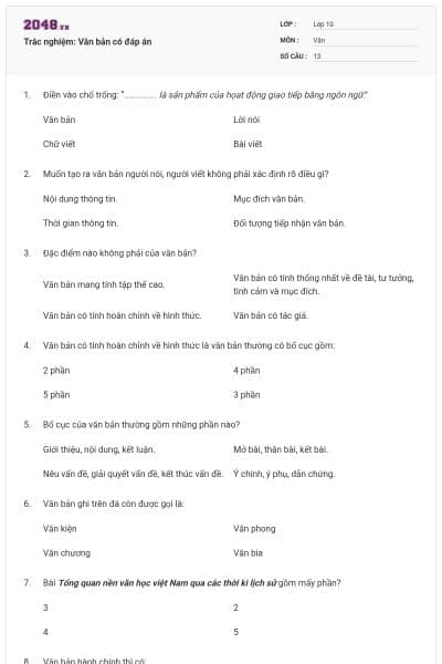 Trắc nghiệm: Văn bản có đáp án