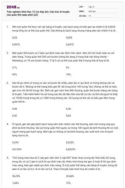 Trắc nghiệm Sinh Học 12 (có đáp án): Cấu trúc di truyền của quần thể ngẫu phối (p2)