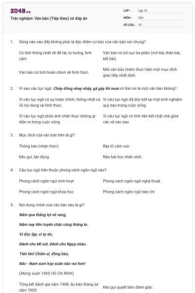 Trắc nghiệm: Văn bản (Tiếp theo) có đáp án