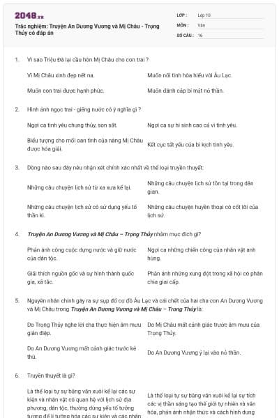 Trắc nghiệm: Truyện An Dương Vương và Mị Châu - Trọng Thủy có đáp án