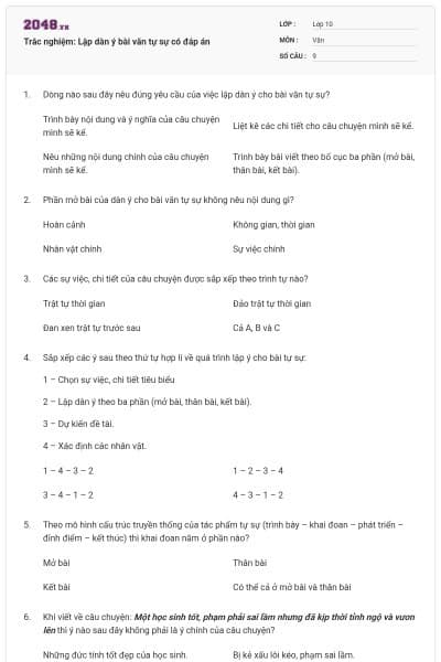 Trắc nghiệm: Lập dàn ý bài văn tự sự có đáp án