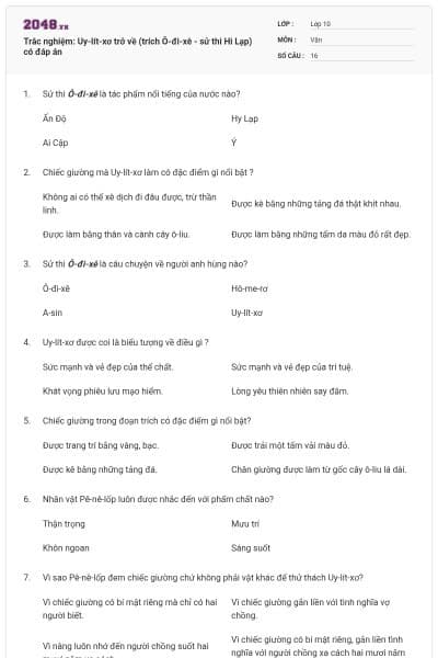 Trắc nghiệm: Uy-lít-xơ trở về (trích Ô-đi-xê - sử thi Hi Lạp) có đáp án