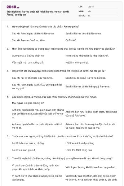 Trắc nghiệm: Ra-ma buộc tội (trích Ra-ma-ya-na - sử thi Ấn Độ) có đáp án