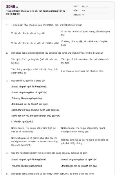 Trắc nghiệm: Chọn sự việc, chi tiết tiêu biểu trong văn tự sự có đáp án