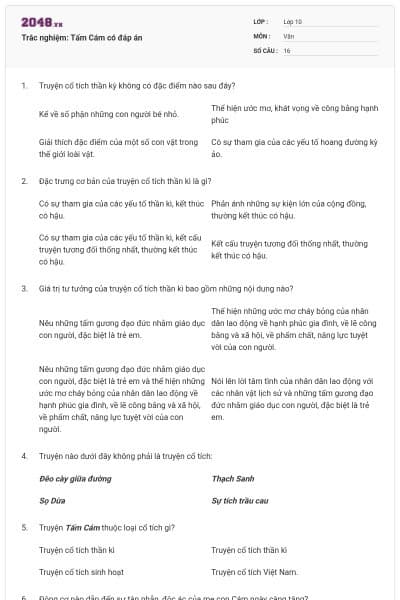 Trắc nghiệm: Tấm Cám có đáp án