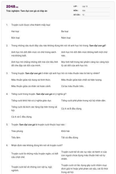 Trắc nghiệm: Tam đại con gà có đáp án