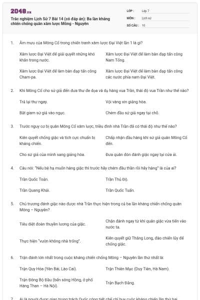 Trắc nghiệm Lịch Sử 7 Bài 14 (có đáp án): Ba lần kháng chiến chống quân xâm lược Mông - Nguyên