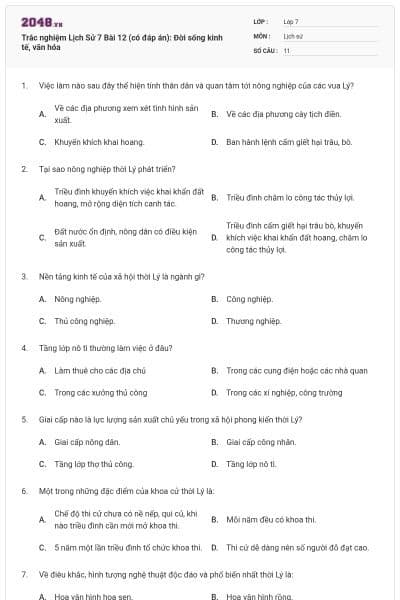 Trắc nghiệm Lịch Sử 7 Bài 12 (có đáp án): Đời sống kinh tế, văn hóa