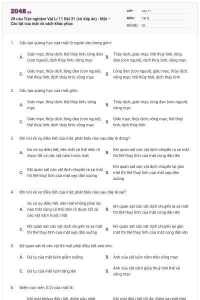 28 câu Trắc nghiệm Vật Lí 11 Bài 31 (có đáp án) : Mắt – Các tật của mắt và cách khắc phục