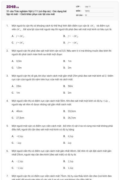 31 câu Trắc nghiệm Vật Lí 11 (có đáp án) : Các dạng bài tập về mắt – Cách khắc phục các tật của mắt