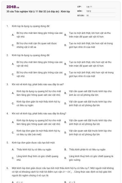 35 câu Trắc nghiệm Vật Lí 11 Bài 32 (có đáp án) : Kính lúp