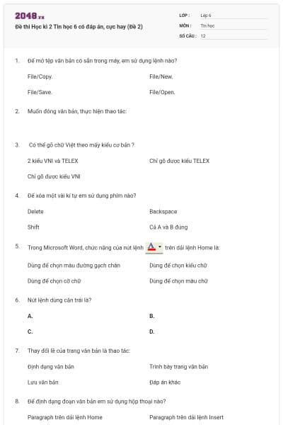 Đề thi Học kì 2 Tin học 6 có đáp án, cực hay (Đề 2)