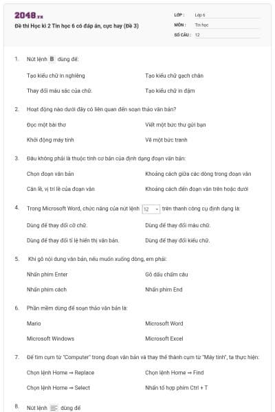 Đề thi Học kì 2 Tin học 6 có đáp án, cực hay (Đề 3)