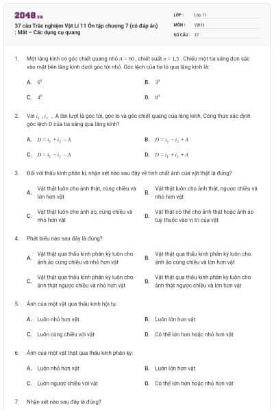 37 câu Trắc nghiệm Vật Lí 11 Ôn tập chương 7 (có đáp án) : Mắt – Các dụng cụ quang