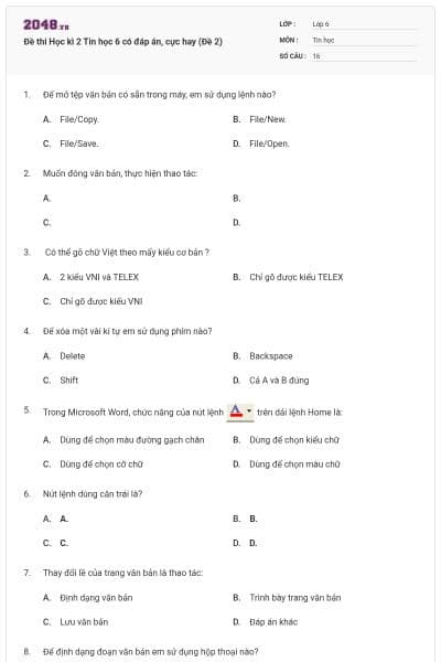 Đề thi Học kì 2 Tin học 6 có đáp án, cực hay (Đề 2)
