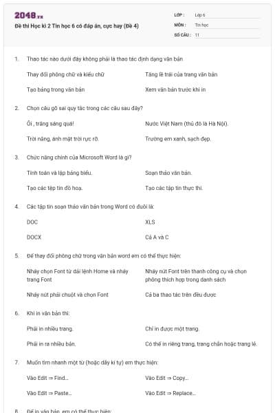 Đề thi Học kì 2 Tin học 6 có đáp án, cực hay (Đề 4)