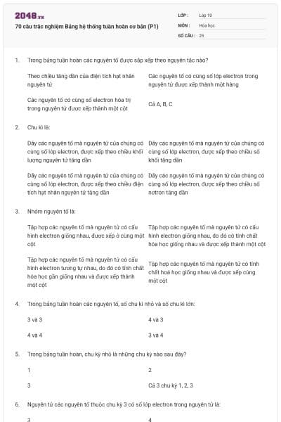 70 câu trắc nghiệm Bảng hệ thống tuần hoàn cơ bản (P1)